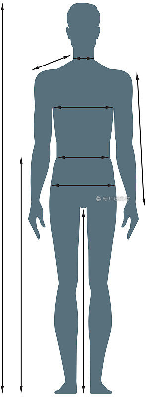 Diagrams of the male body measurements in full length. Template for measuring body proportions. Silhouette on a white background.